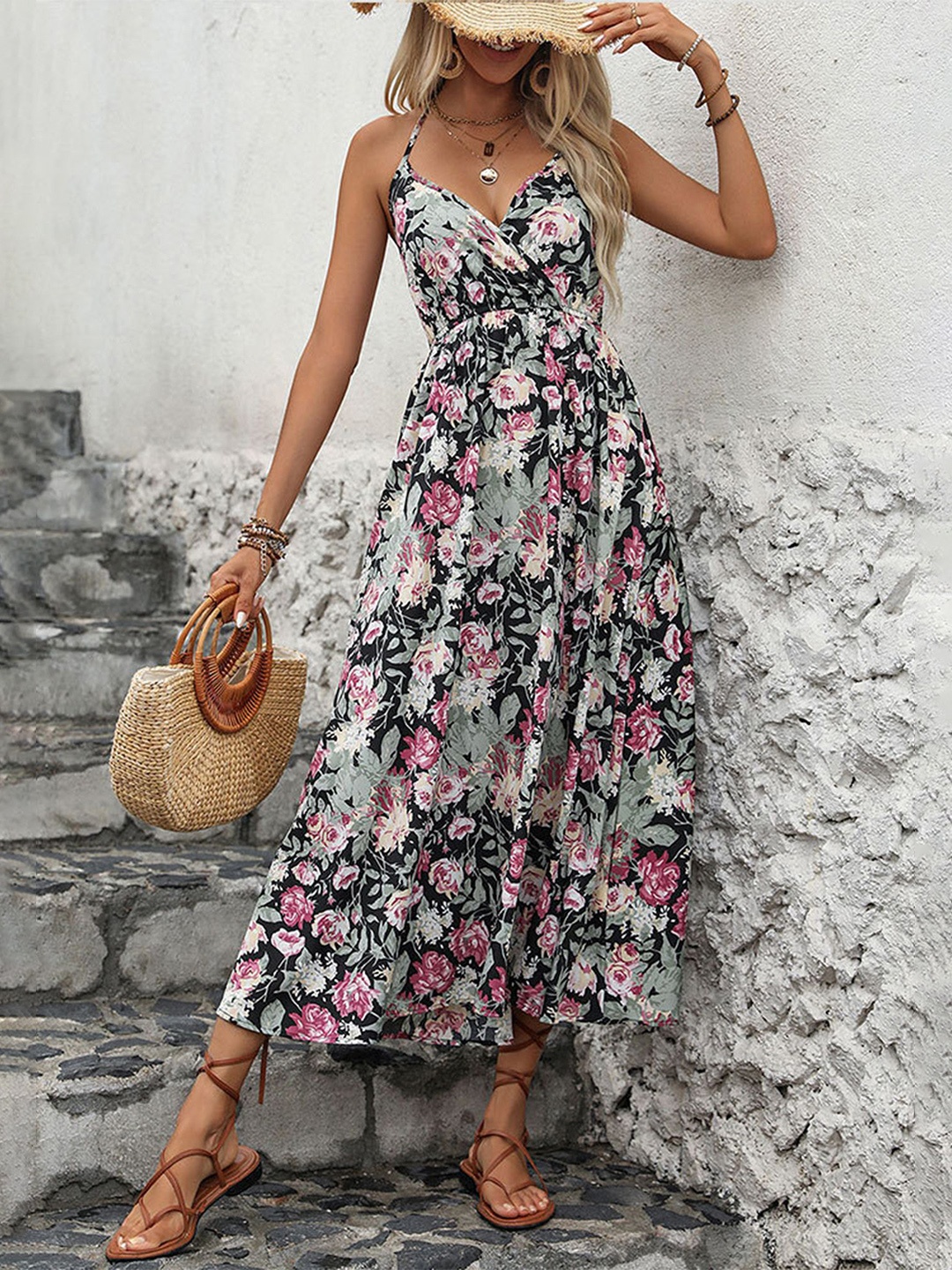 

LULU & SKY Floral Printed Wrap Midi Dress, Black