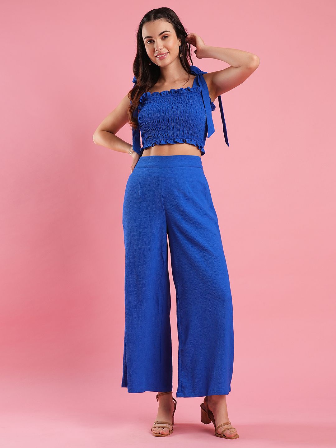 

Globus Textured Shoulder Straps Top With Trouser, Blue