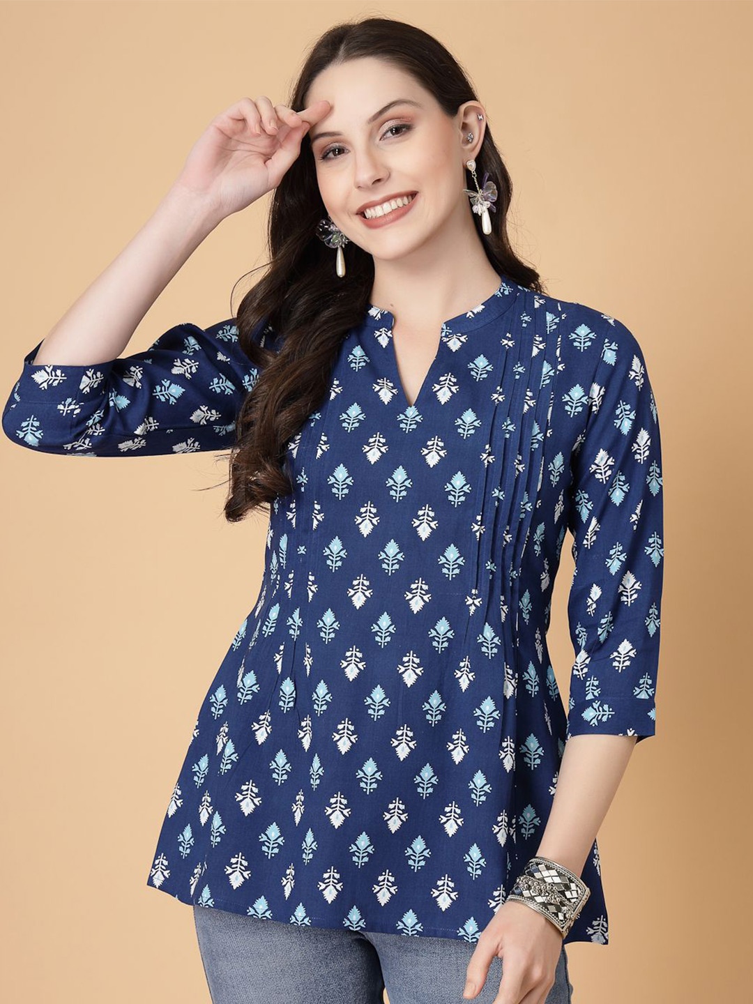 

God Bless Women Ethnic Printed Mandarin Collar Cotton Top, Blue