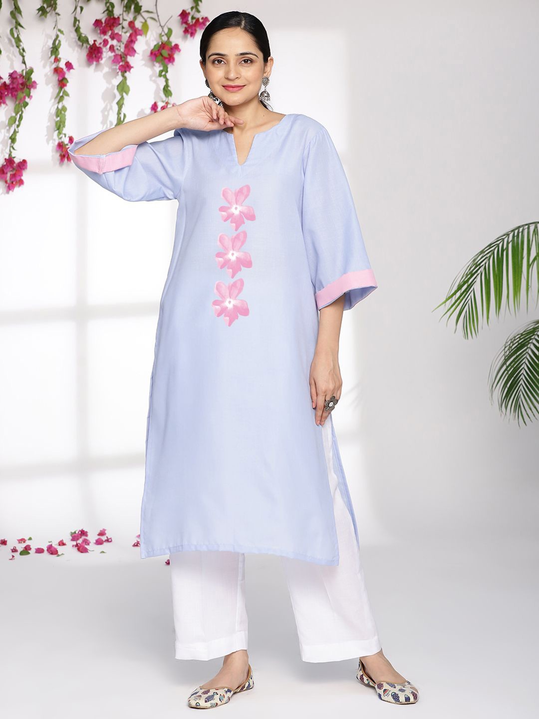 

LetsDressUp Round Neck Pure Cotton Straight Kurta, Blue