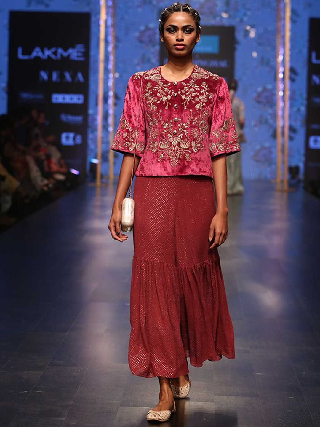 

Payal Singhal Floral Embroidered Regular Velvet Straight Top with Sharara, Maroon