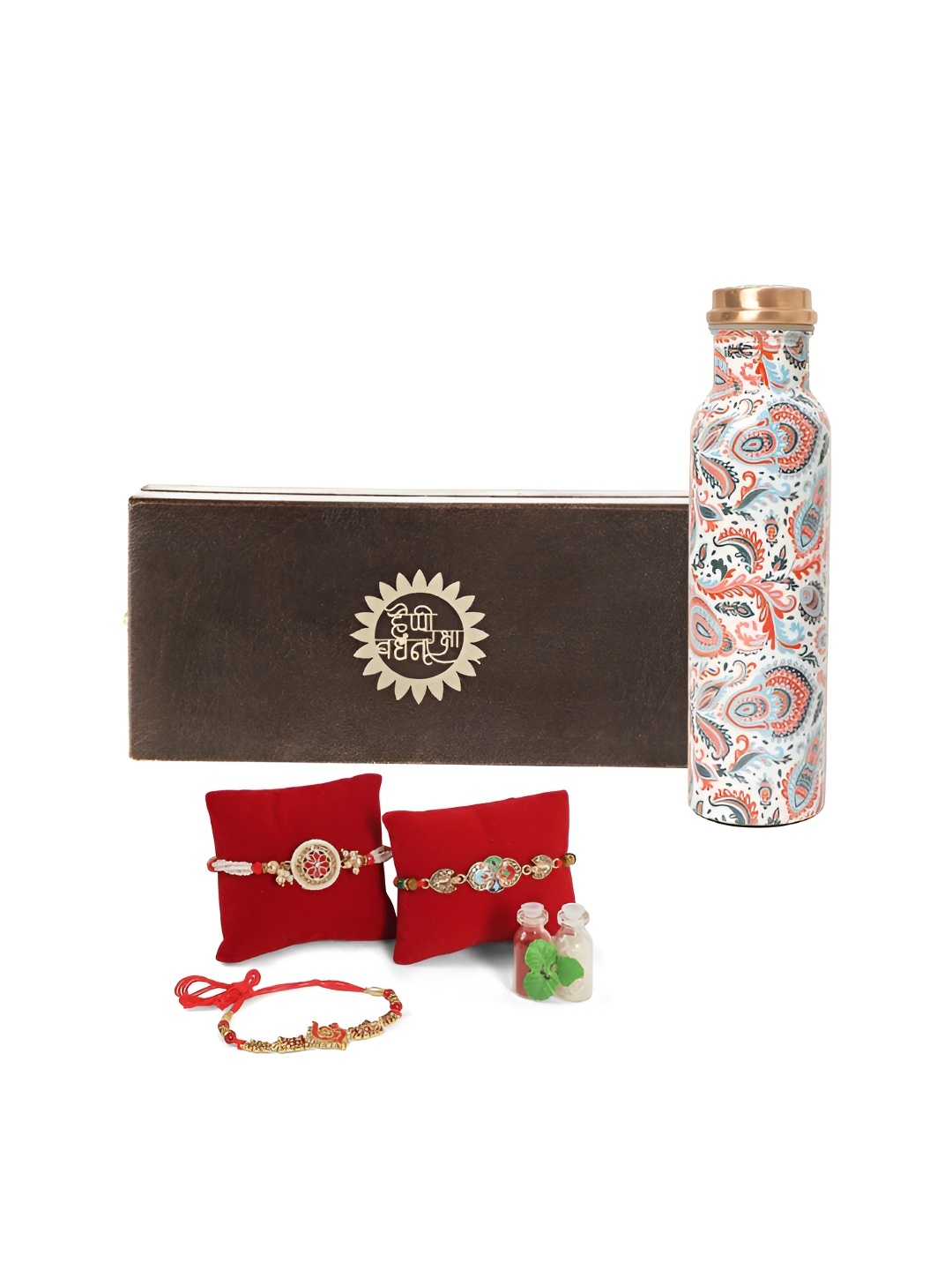 

INTERNATIONAL GIFT Set Of 4 Rakhis With Water Bottle & Roli Chawal, Red