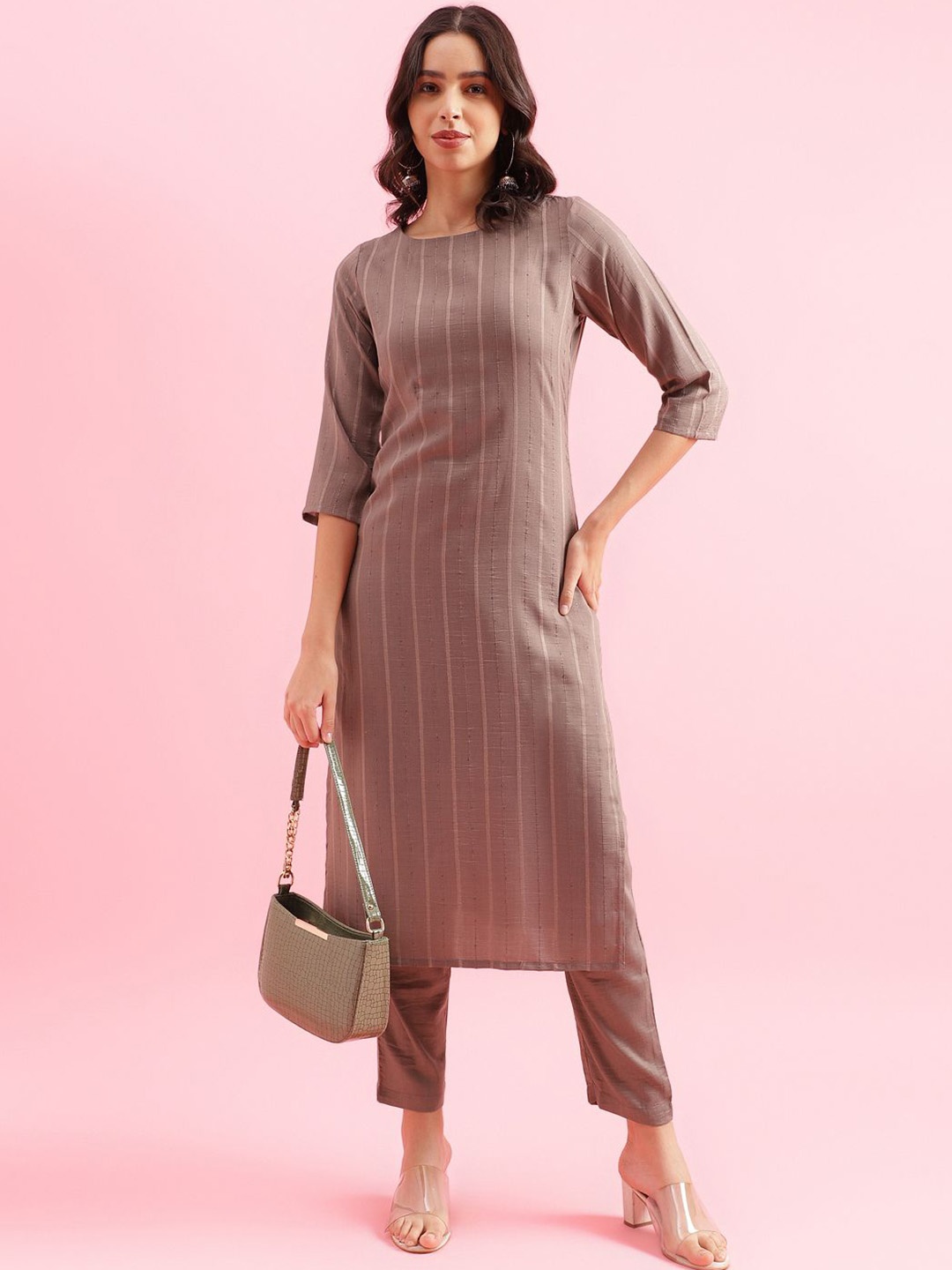 

Saanjh Striped Striped Straight Kurta with Trousers, Grey