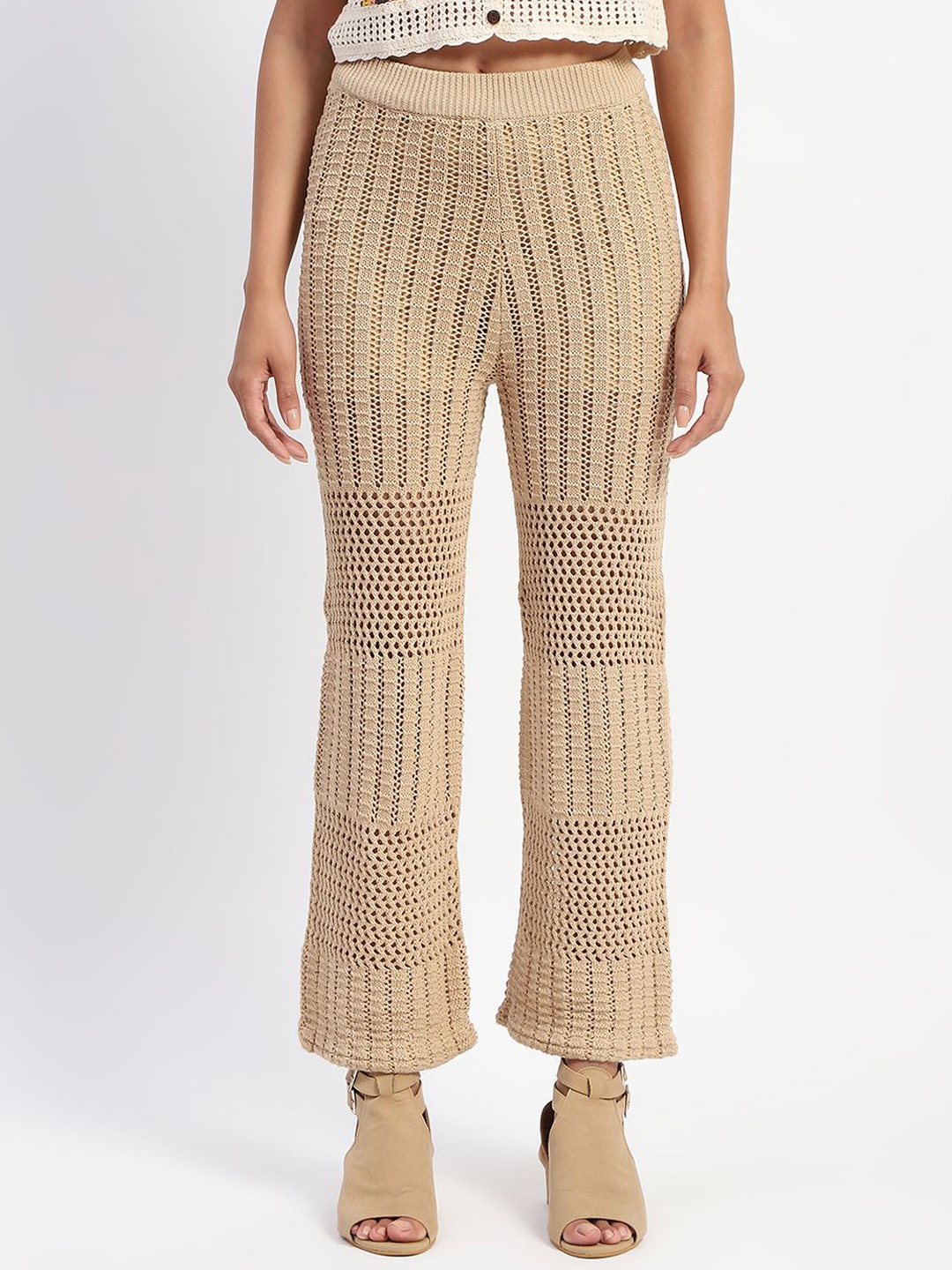 

Madame Women Cotton Self Design Trousers, Camel brown