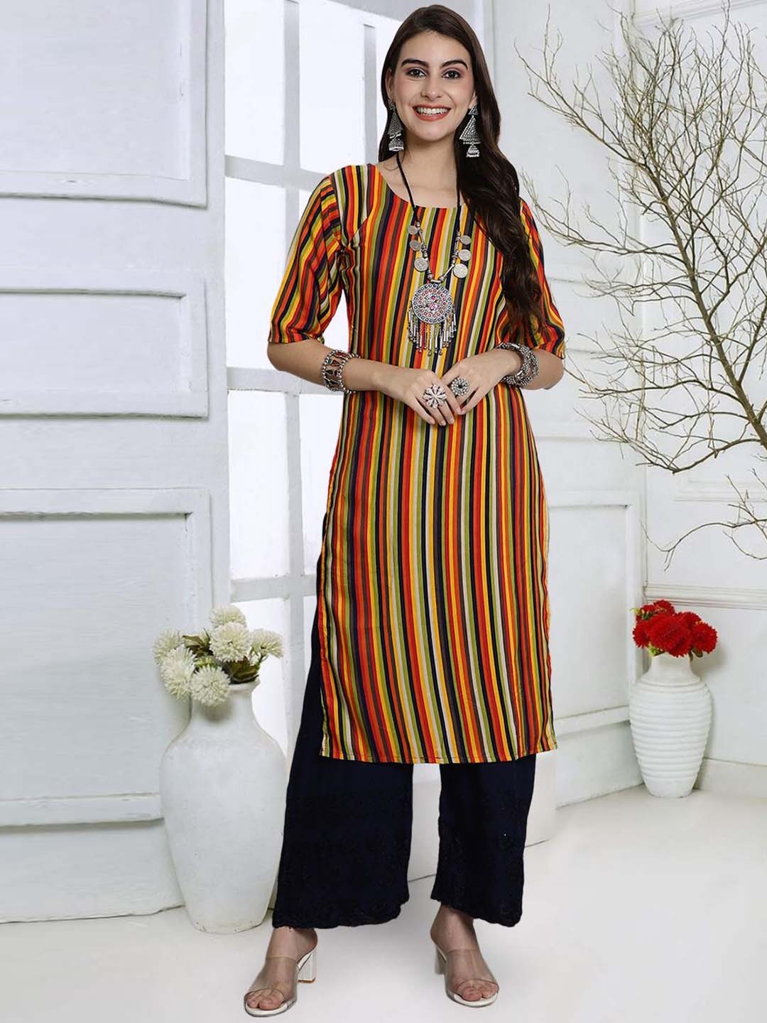 

7Threads Striped Round Neck Crepe Straight Kurta, Black