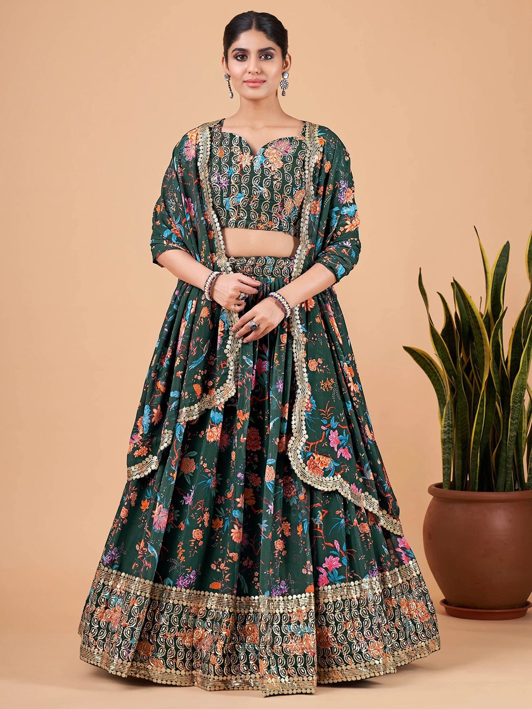 

Kaizen TEXO FAB Printed Sequinned Semi-Stitched Lehenga & Unstitched Blouse With Dupatta, Green