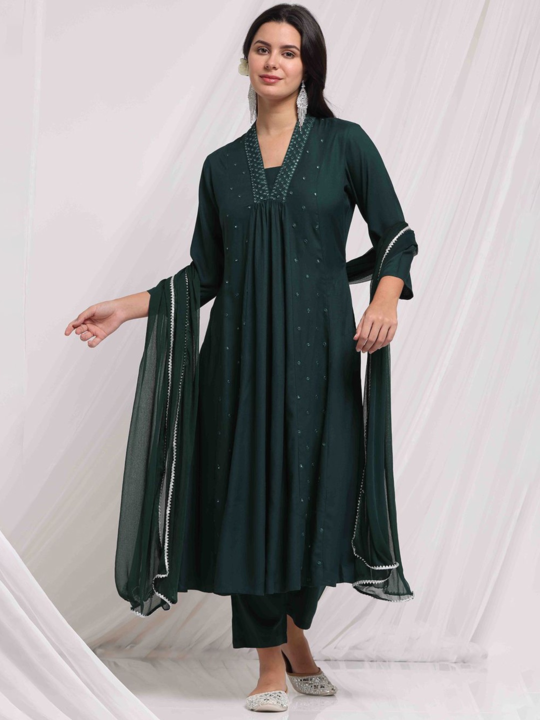

Anouk Green Geometric Embroidered A-Line Kurta With Trouser & Dupatta