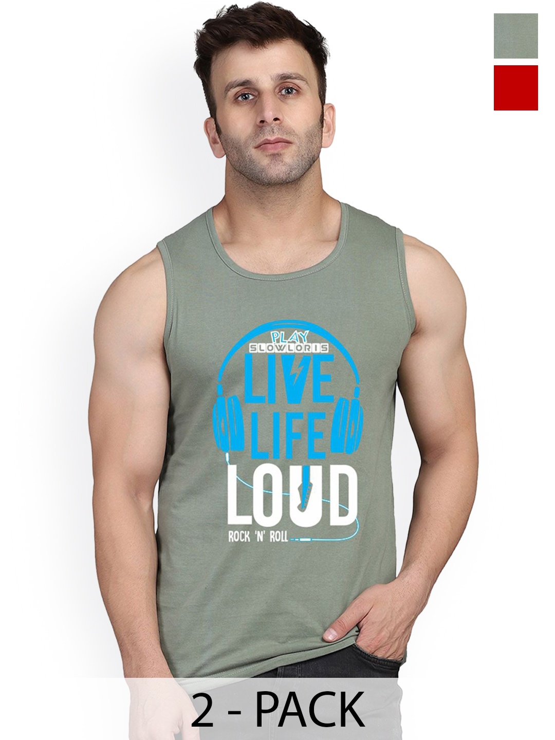 

SLOWLORIS Pack Of 2 Printed Sleeveless Gym, Green