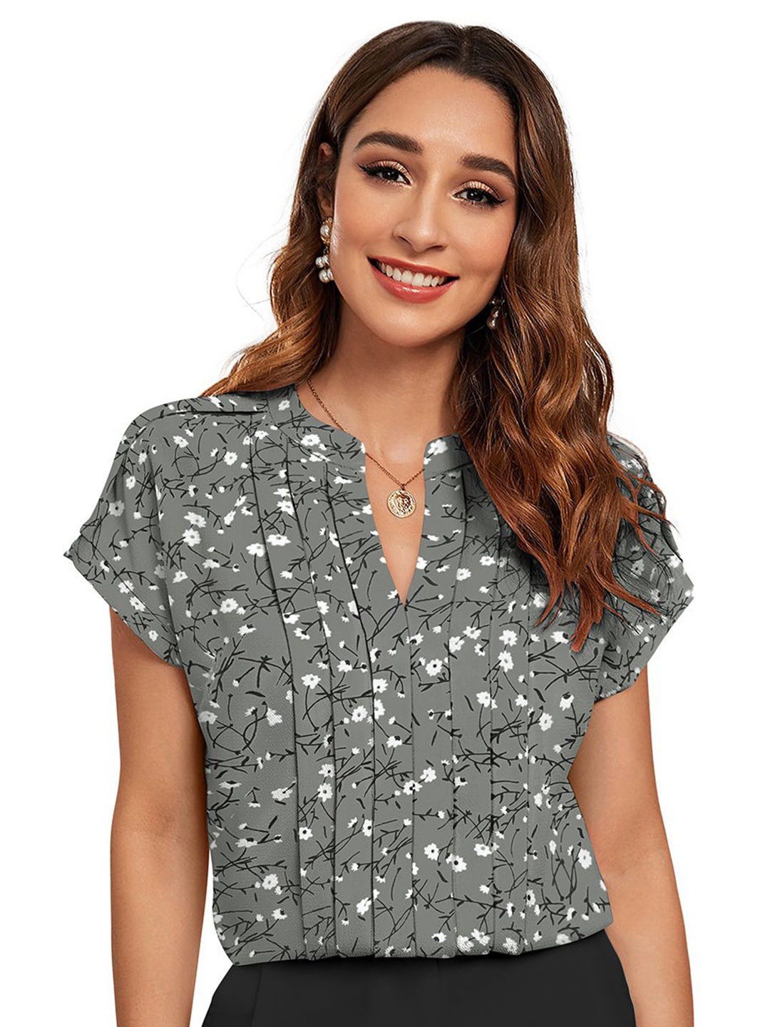 

Sitanjali Women Floral Printed Mandarin Collar Cotton Top, Grey