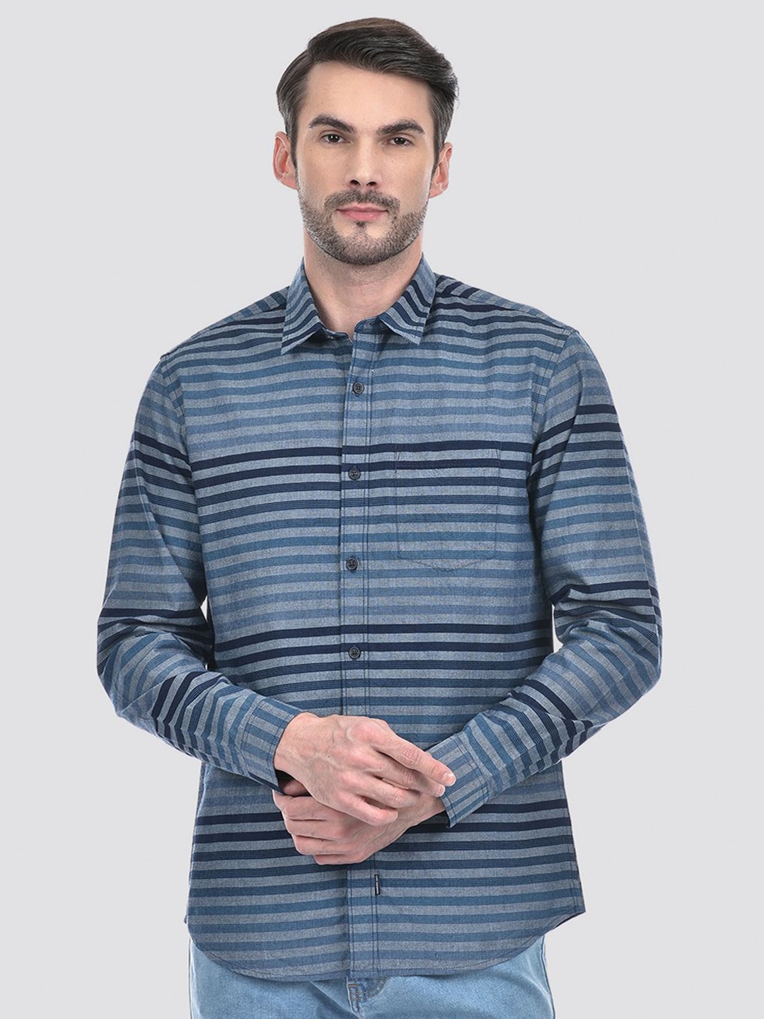 

Numero Uno Men Spread Collar Striped Cotton Slim Fit Casual Shirt, Blue