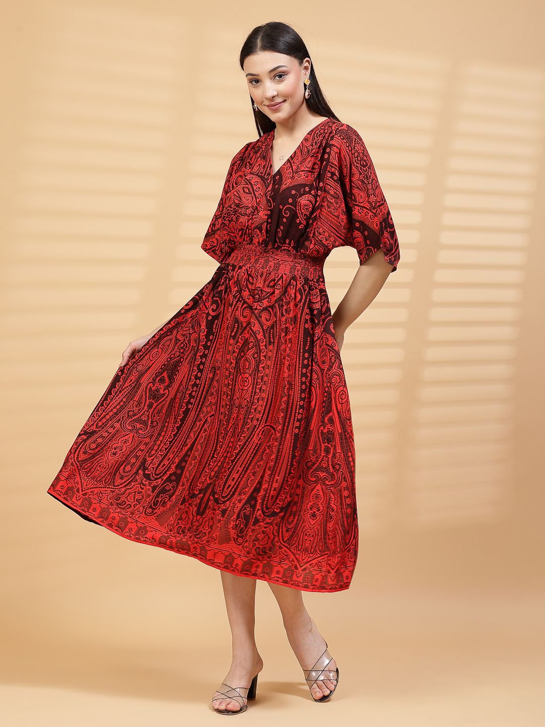 

House Of Zelena Ethnic Motifs Print Maternity Fit & Flare Midi Dress, Red
