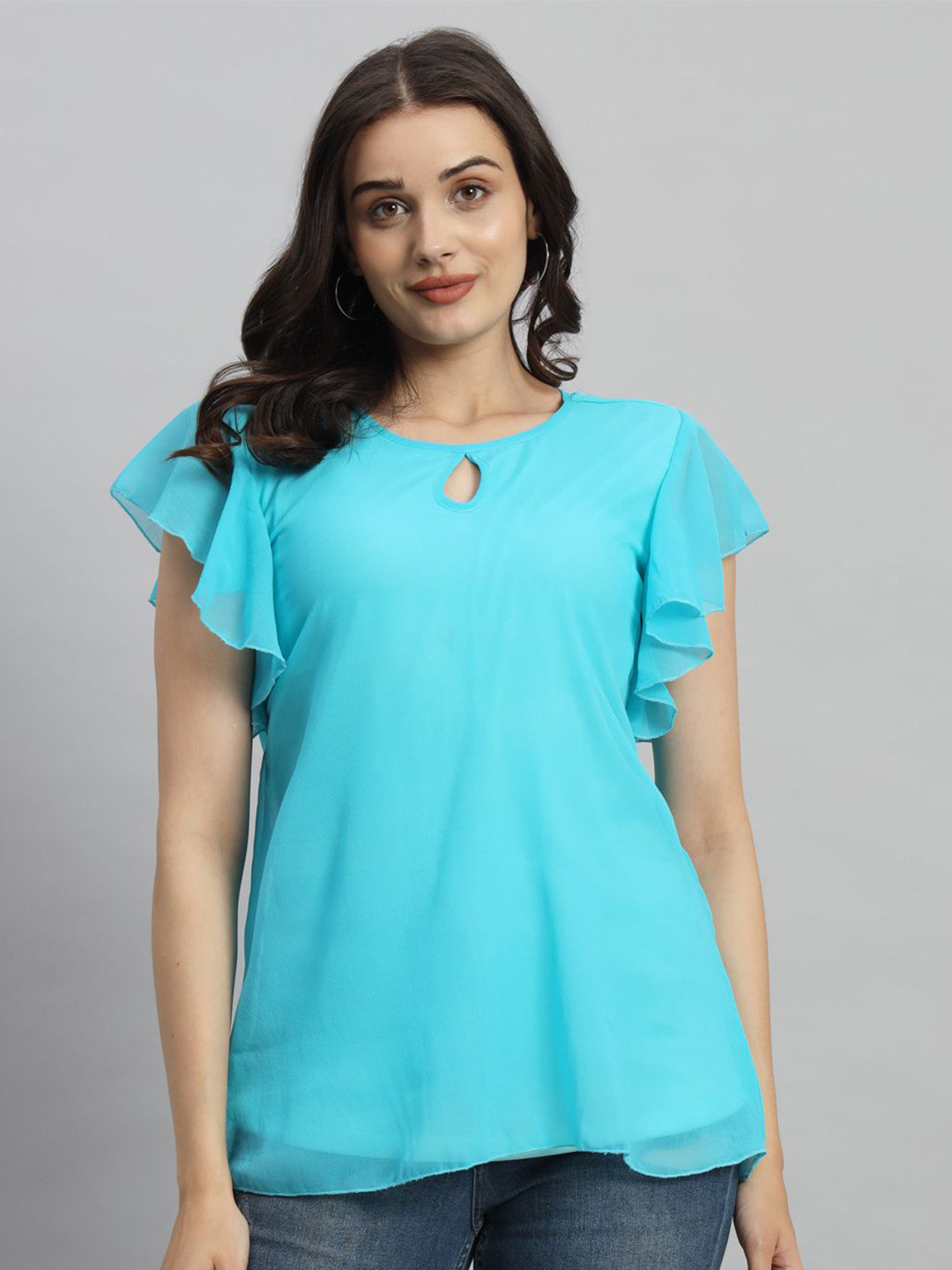 

Curvydrobe Women Solid Keyhole Neck Top, Turquoise blue