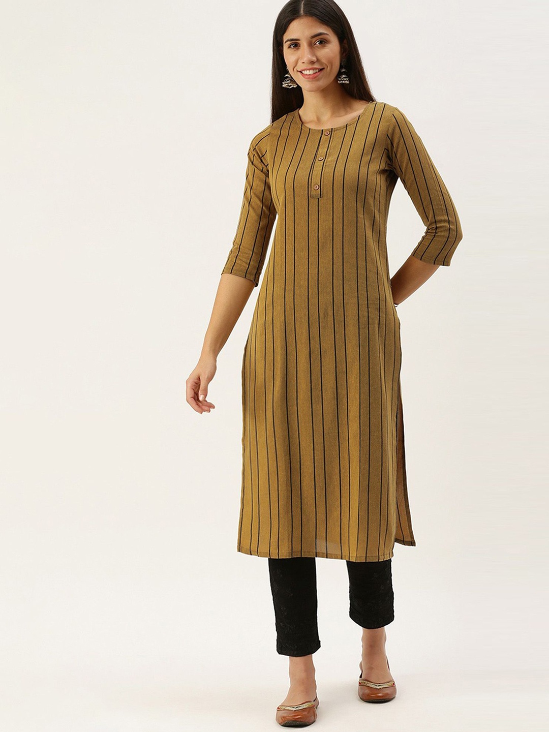 

KALINI Striped Printed Round Neck Straight Kurta, Mustard