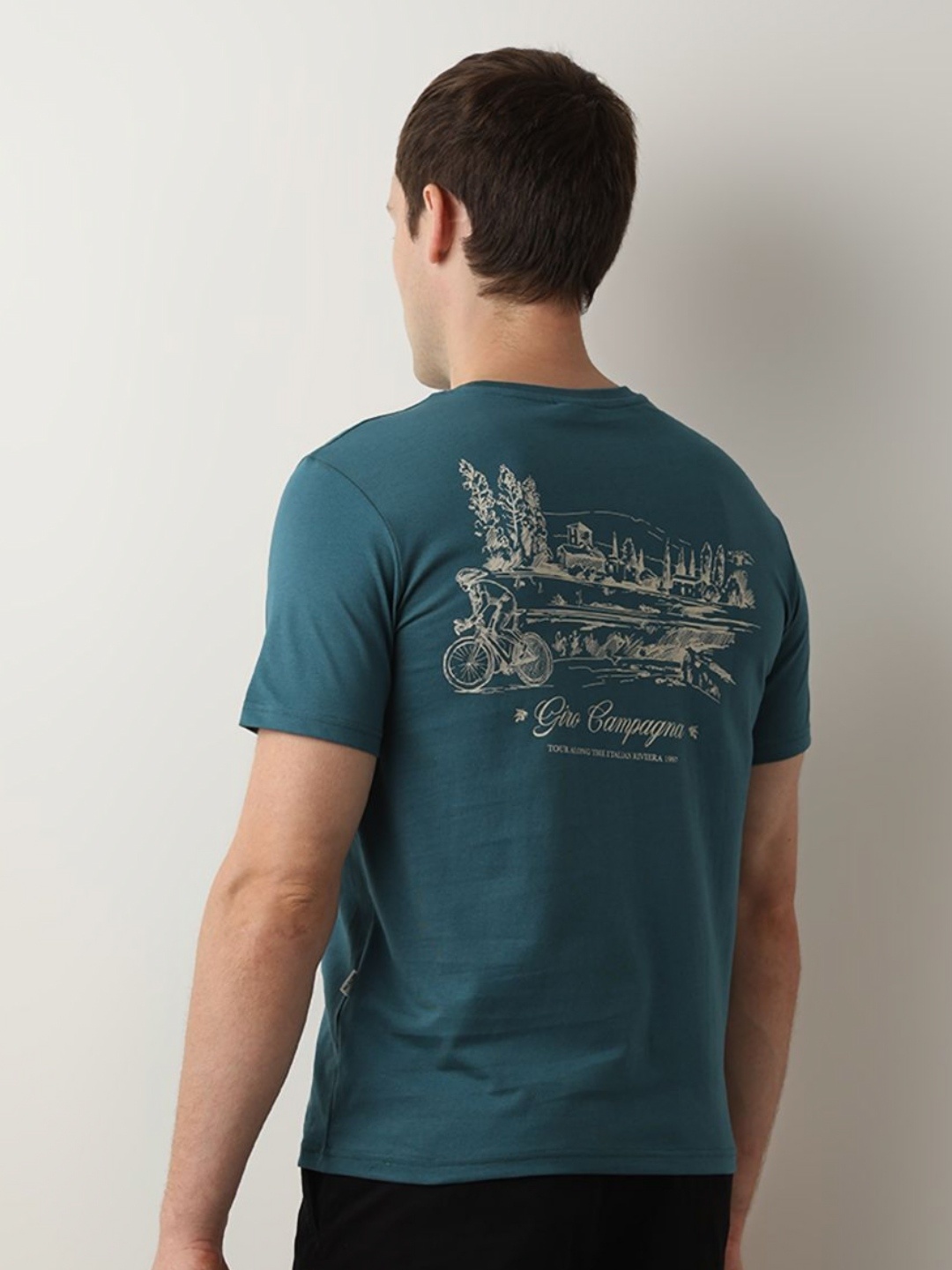

SELECTED Men Graphic Printed Round Neck Cotton Slim Fit T-Shirt, Teal