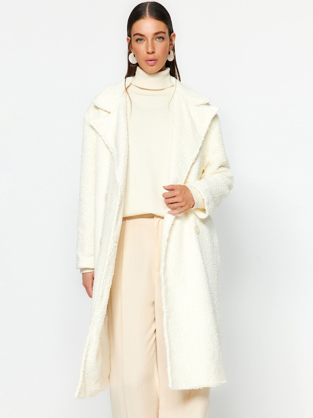 

Trendyol Women Self Design Notched Lapel Collar Overcoat, Cream