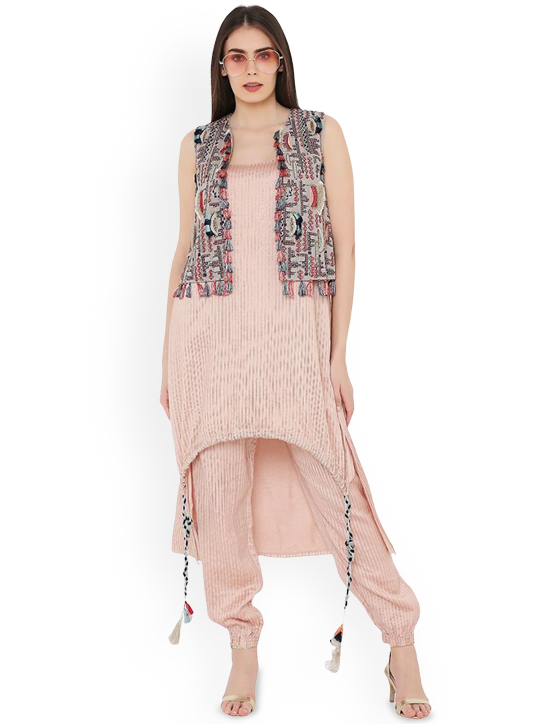 

Payal Singhal Striped Georgette Regular Straight Kurta Set with Jacket, Pink