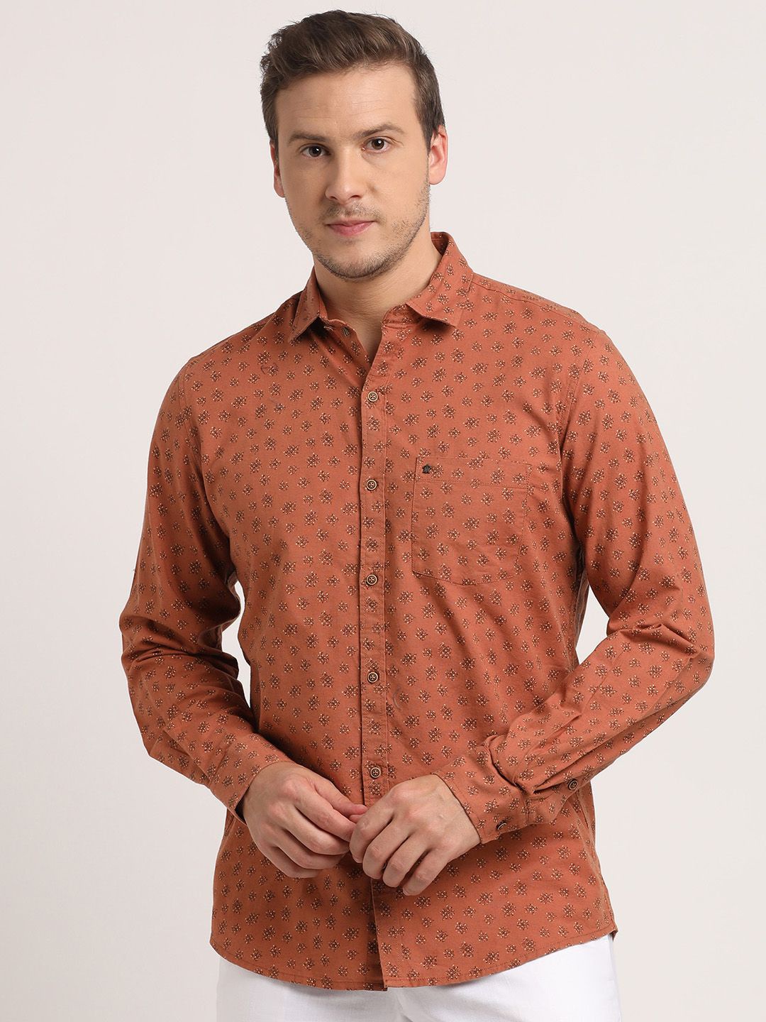 

Turtle Men Relaxed Spread Collar Micro Ditsy Printed Cotton Linen Slim Fit Casual Shirt, Rust