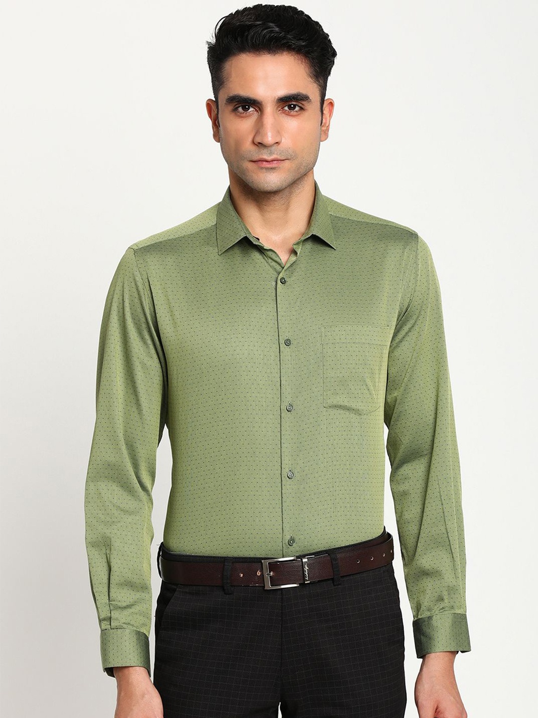 

Turtle Men Standard Spread Collar Micro or Ditsy Printed Cotton Slim Fit Formal Shirt, Olive