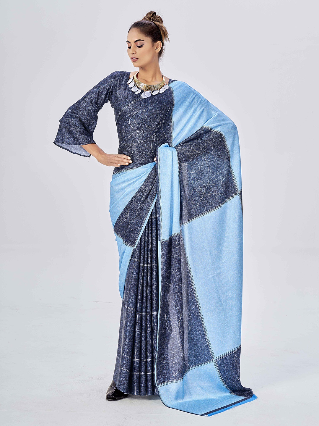 

Ethnielle Satin Designer Saree, Navy blue