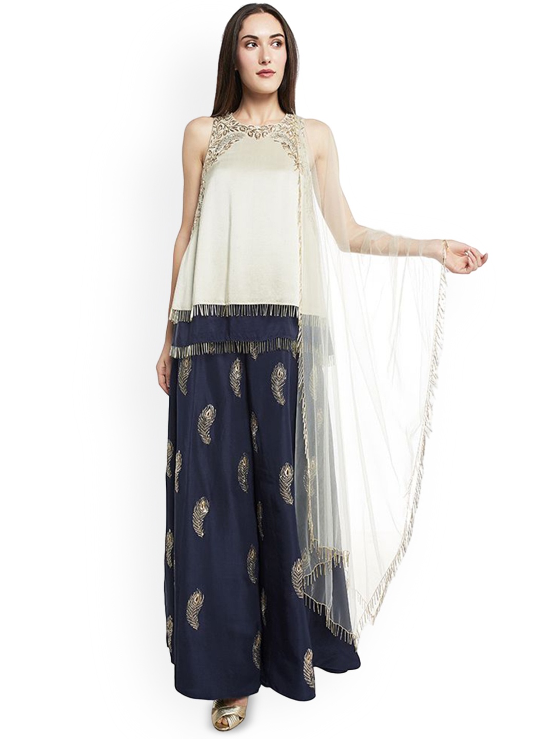

Payal Singhal Ethnic Motifs Embroidered Round Neck Thread Work A-Line Kurti with Palazzos, White