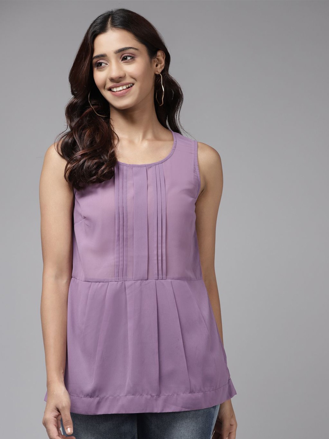 

BAESD Women Solid Accordion Pleats Round Neck Top, Purple