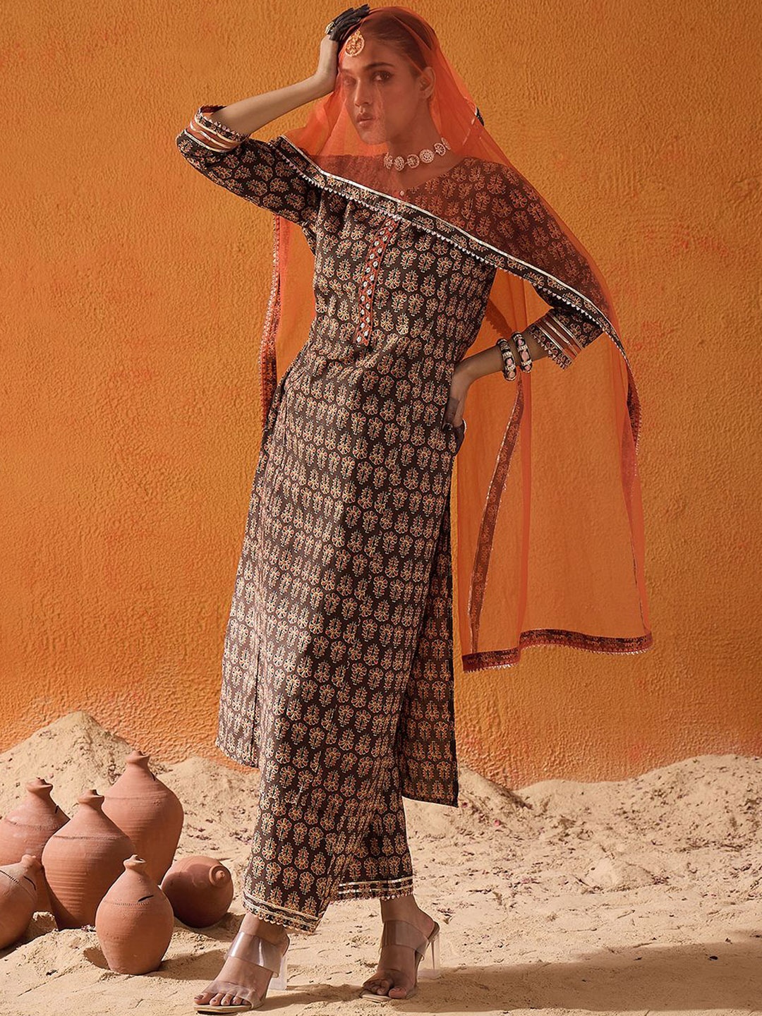 

Indo Era Brown Ethnic Motifs Printed Straight Kurta with Palazzo & Dupatta