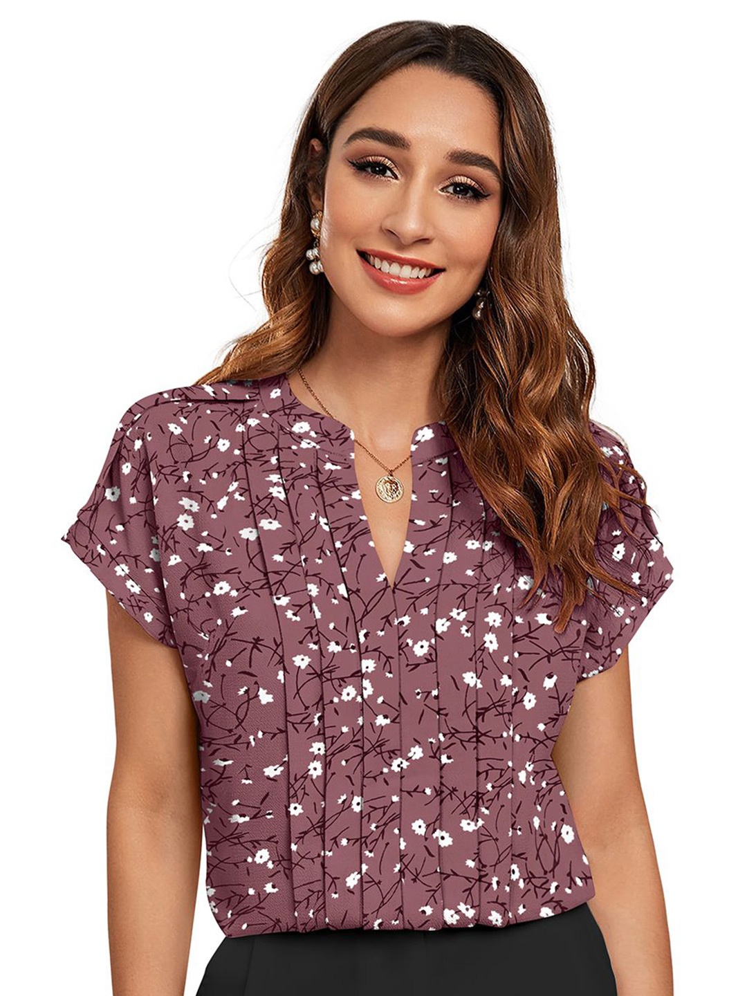 

Sitanjali Women Floral Printed Mandarin Collar Cotton Top, Pink
