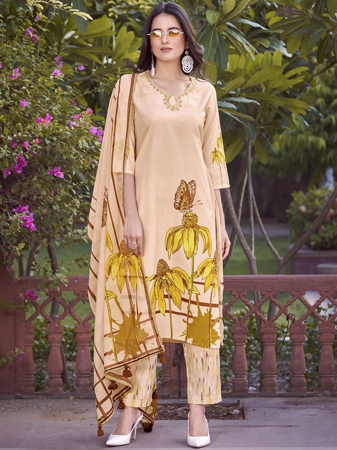 

KALINI Floral Printed Thread Work Kurta with Trousers & Dupatta, Peach
