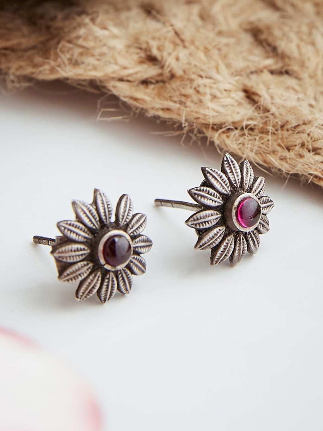 

Fabindia Silver-Plated Stone Studded Floral Studs Earrings