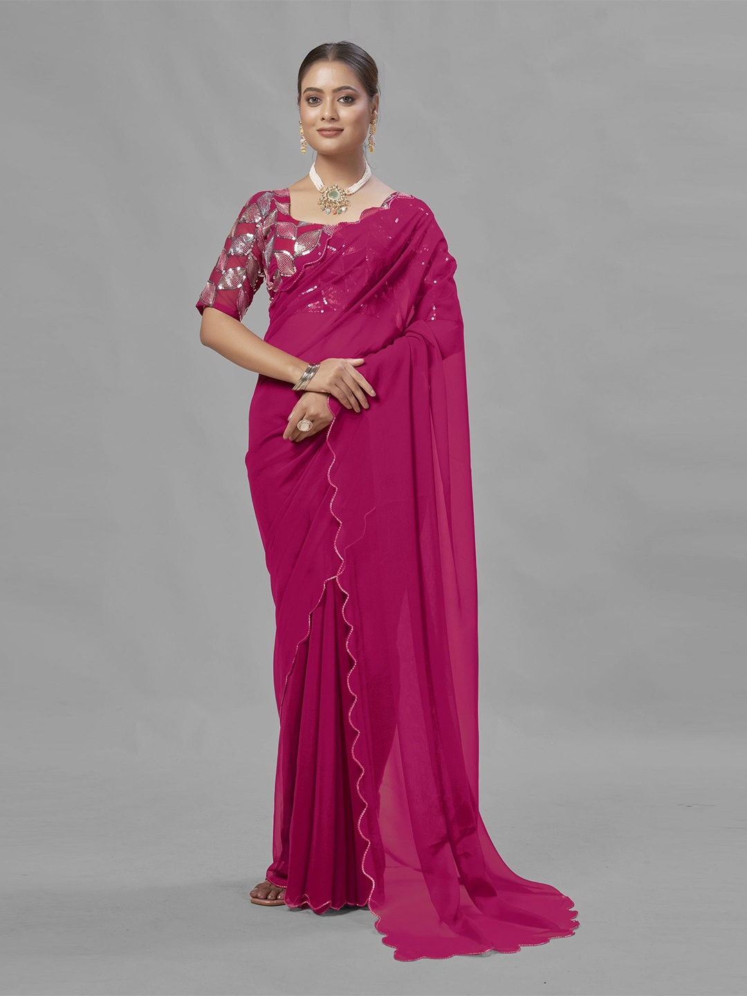 

LADY SHOPI Embroidered Pure Georgette Saree, Pink