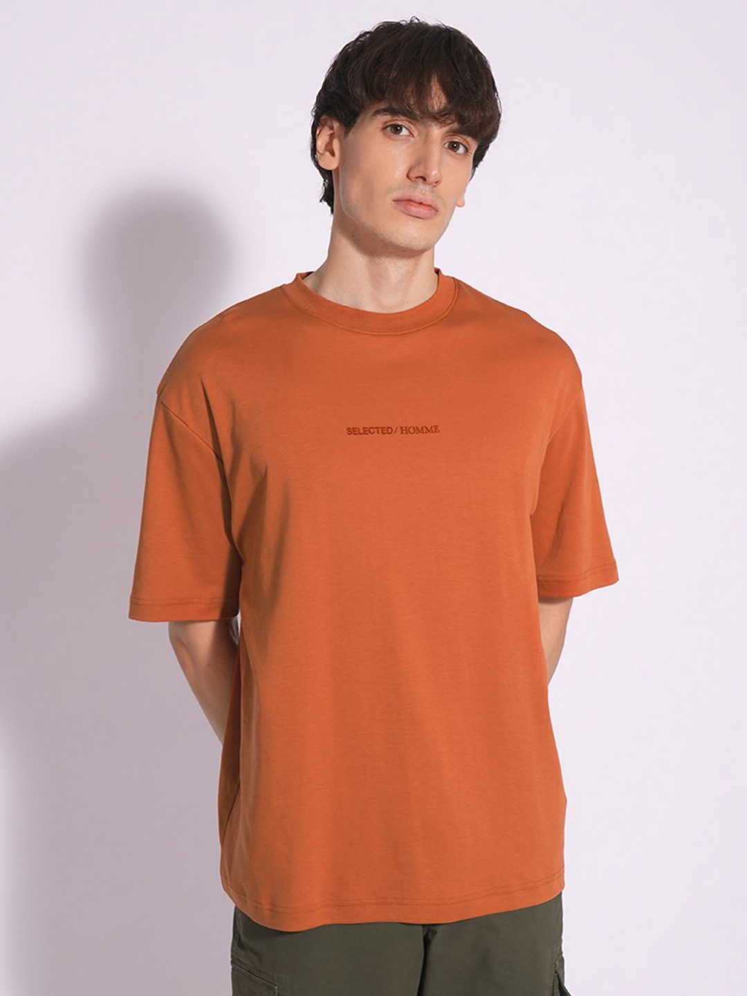 

SELECTED Men Solid Round Neck Cotton T-Shirt, Orange