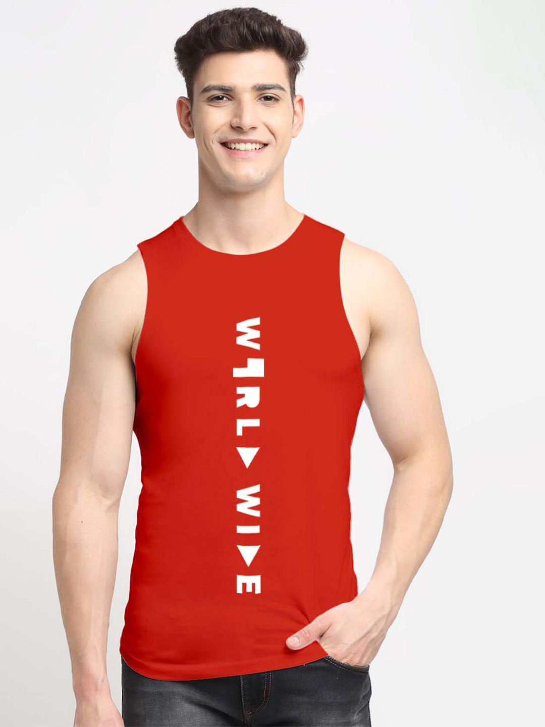 

Friskers Men Printed Round Neck Gym Vests, Red