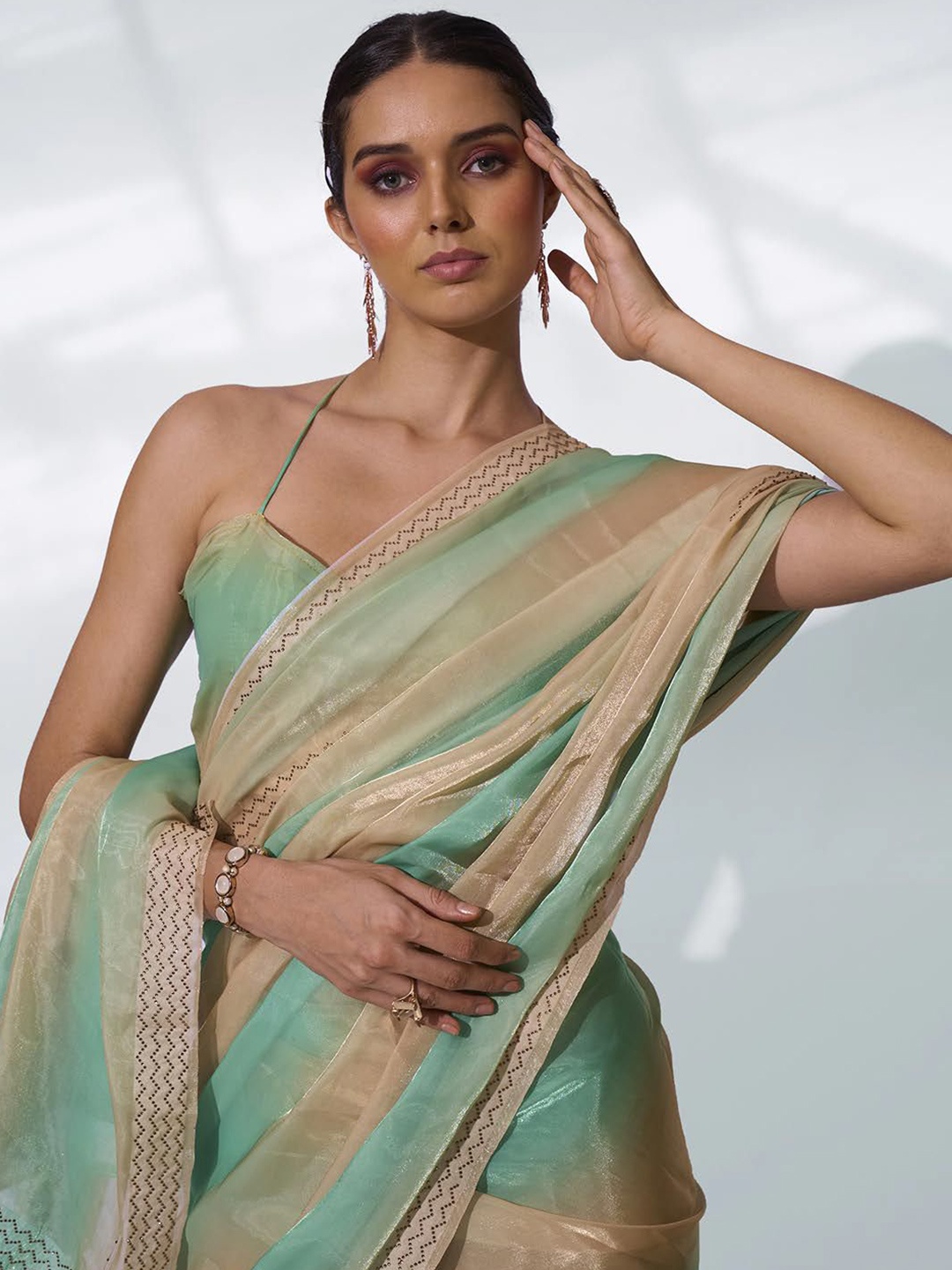 

Mitera Embellished Beads and Stones Organza Saree, Gold