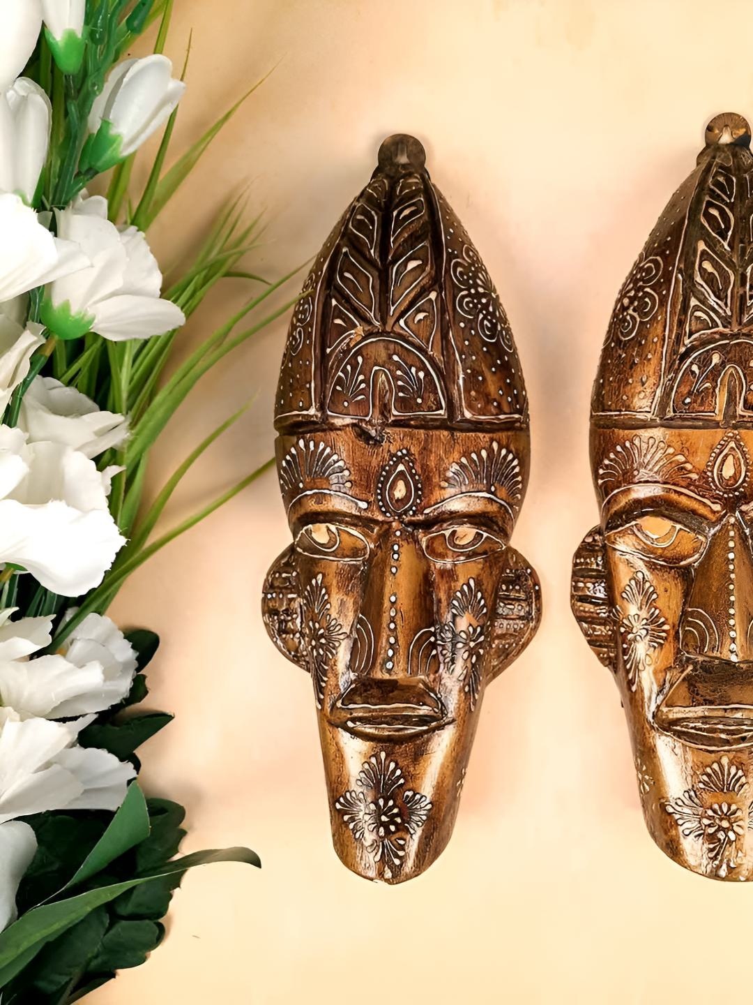

apka mart Brown 2 Pieces Wooden Nazar Battu Tribal Masks Wall Decors