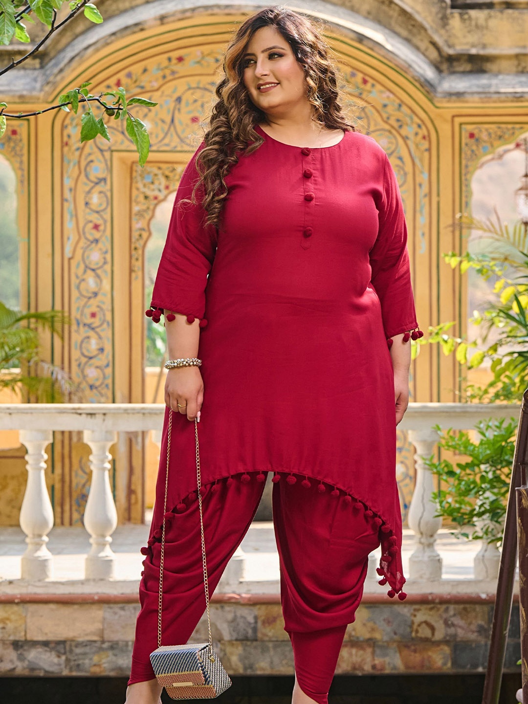 

PrettyPlus by Desinoor.com Plus Size Round Neck A-Line Kurta with Dhoti Pants, Maroon