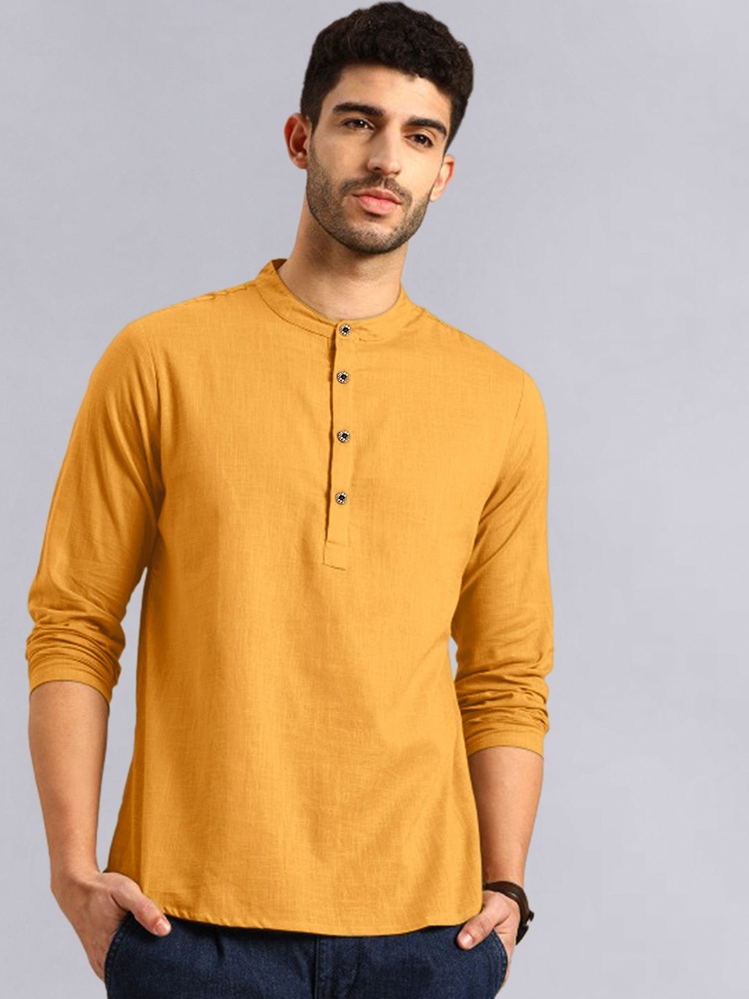 

ADWYN PETER Mandarin Collar Pure Cotton Straight Kurta, Orange