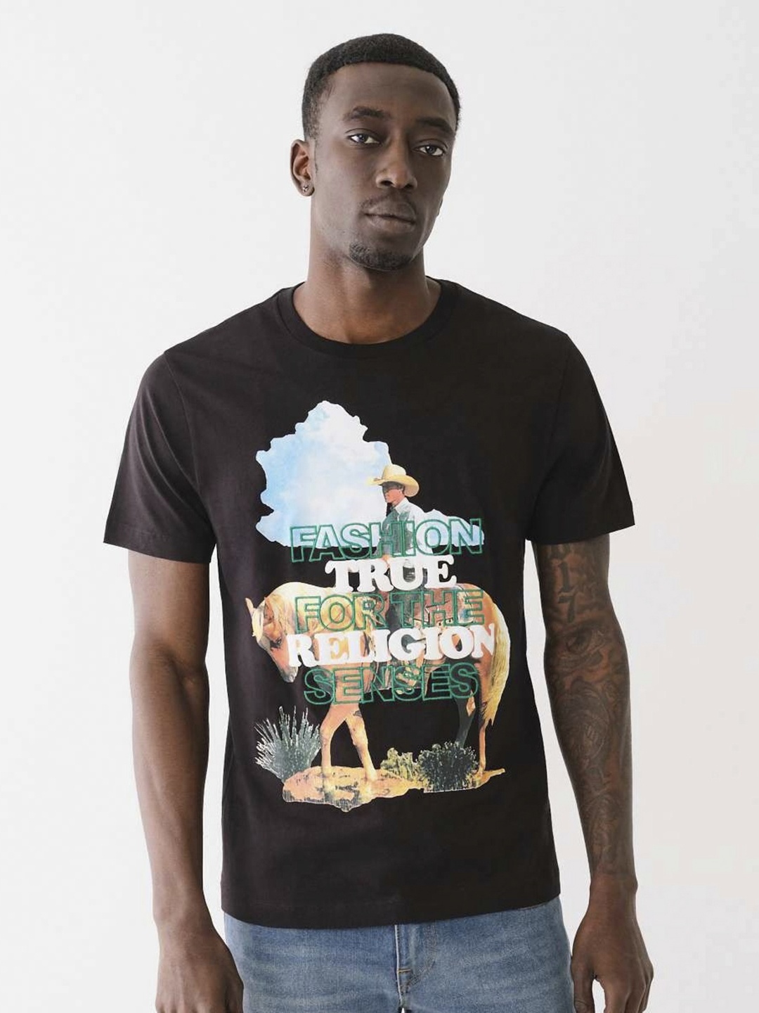 

True Religion Men Typography Printed Round Neck Cotton T-Shirt, Black