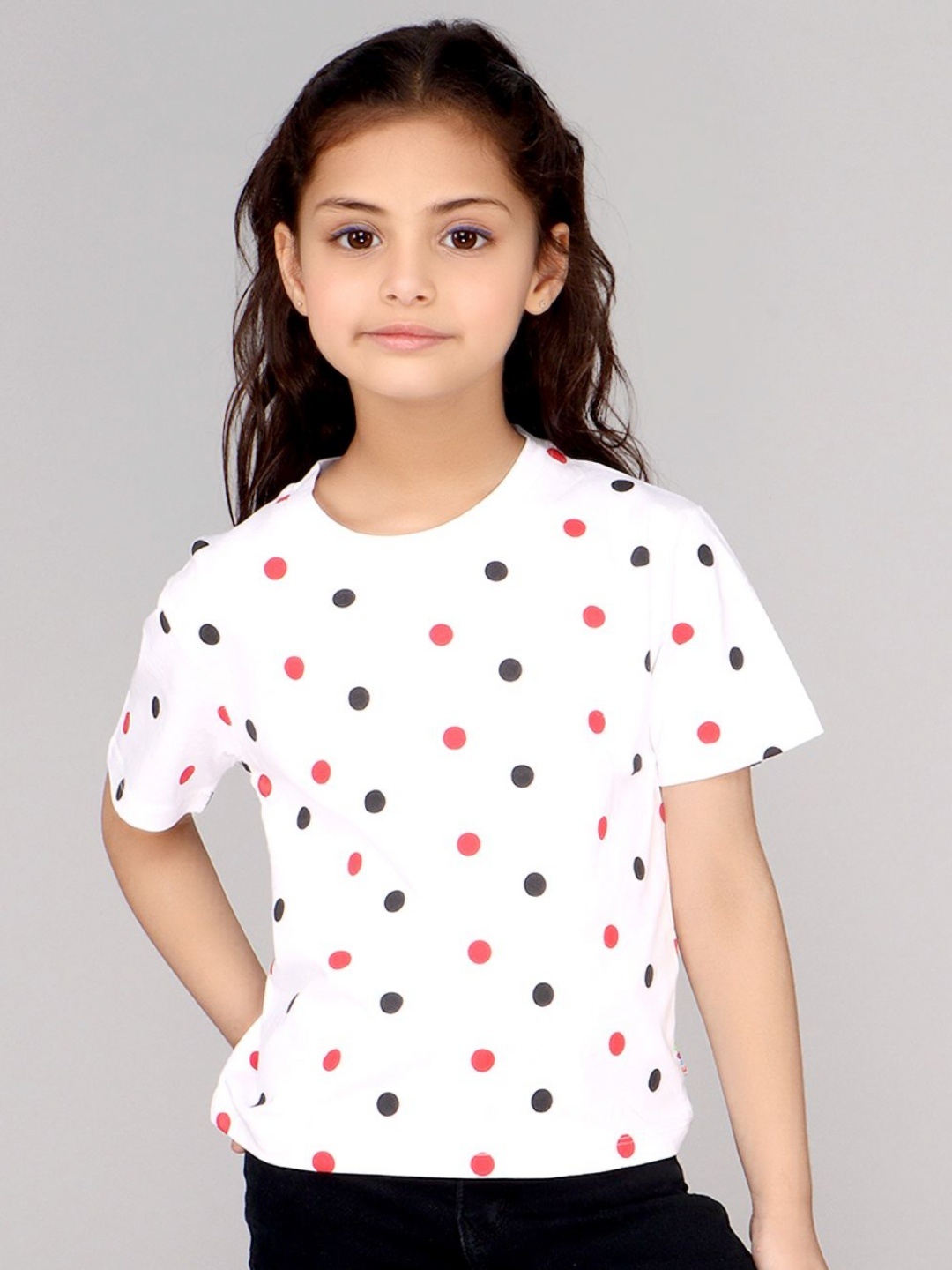 

DDOUDDOU Girls Polka dots Printed Conversational Print Round Neck Cotton T-Shirt, White