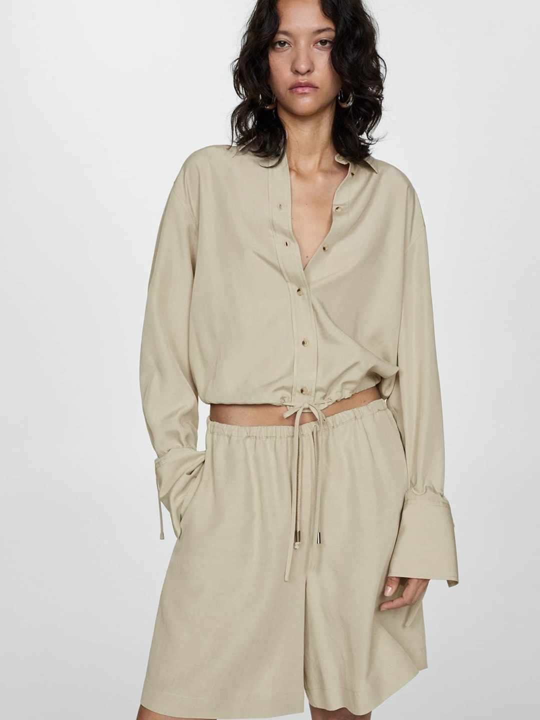 

MANGO Women Crop Casual Shirt, Beige