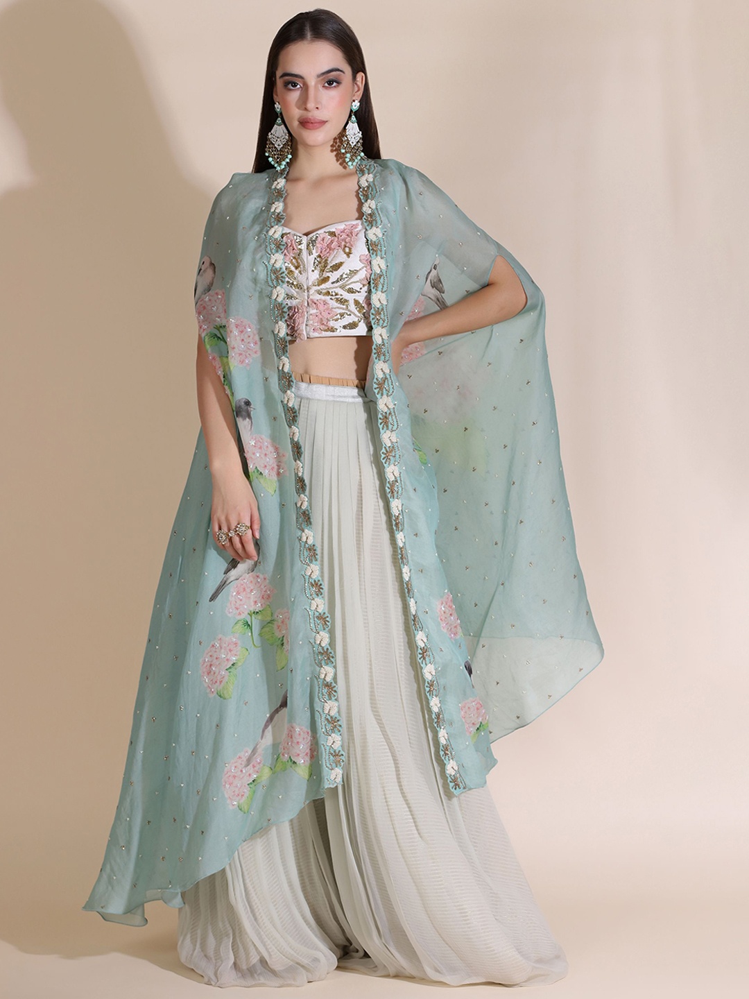 

Yashodhara Embellished Top & Palazoo With Shrug, Green