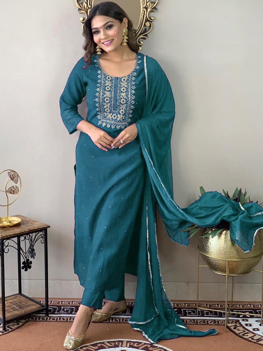 

KALINI Floral Embroidered Thread Work Straight Kurta With Trousers & Dupatta, Teal
