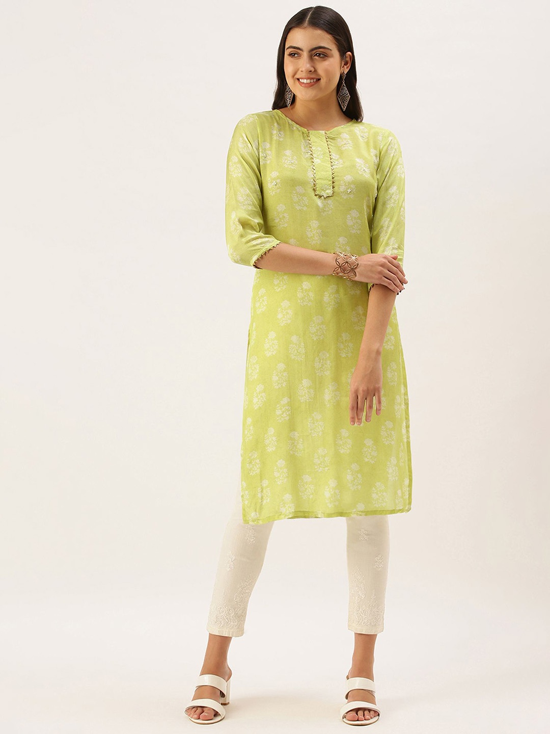 

KALINI Floral Printed Round Neck Gotta Patti Straight Kurta, Green