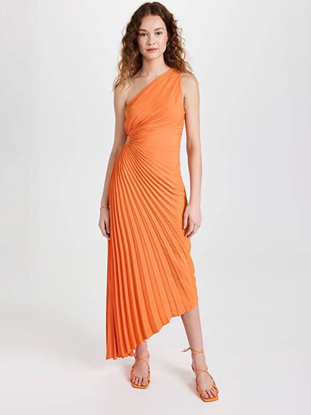 

LULU & SKY Pleated Asymmetrical Maxi Drape Dress, Orange
