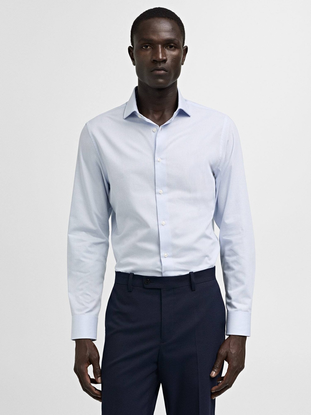 

MANGO MAN Pure Cotton Slim Fit Pinstriped Formal Shirt, Blue