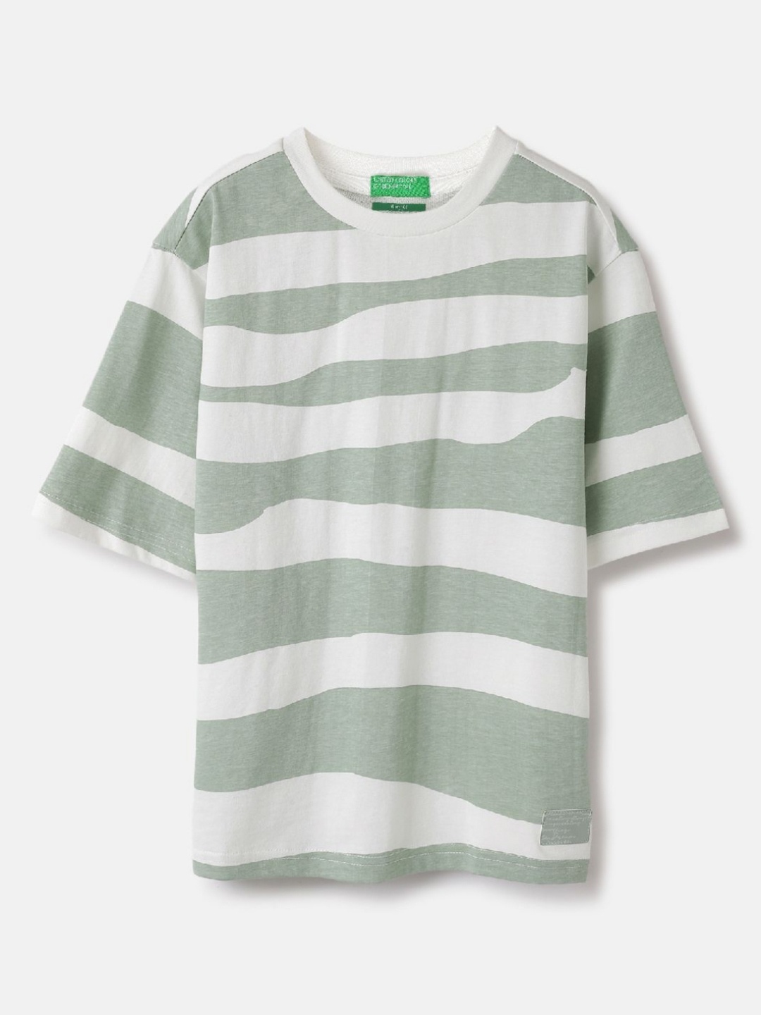 

United Colors of Benetton Boys Striped Round Neck Pure Cotton Boxy T-Shirt, Green