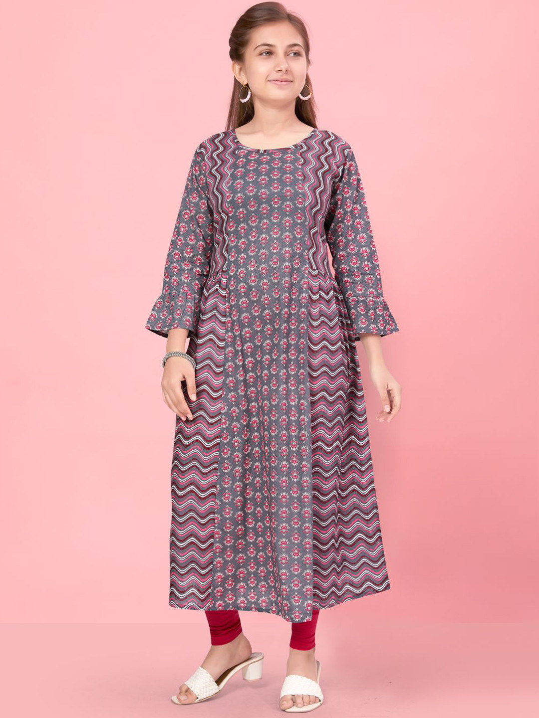 

BAESD Girls Floral Printed Regular Cotton A-Line Kurta, Grey
