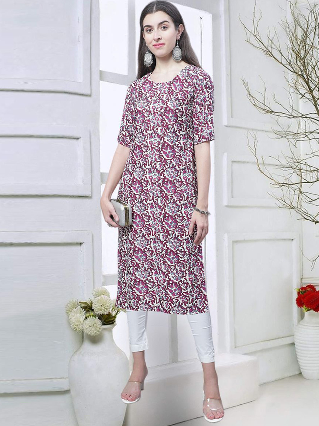 

7Threads Geometric Printed Round Neck Straight Kurta, White