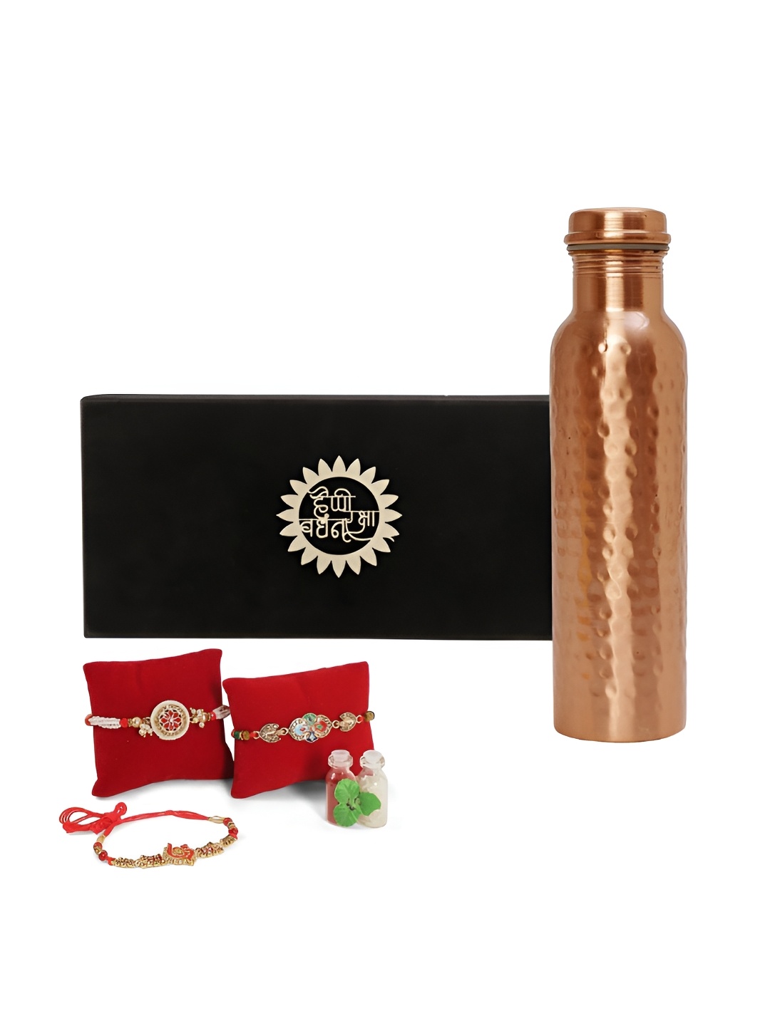 

INTERNATIONAL GIFT Set Of 3 Rakhis With Copper Water Bottle & Roli Chawal
