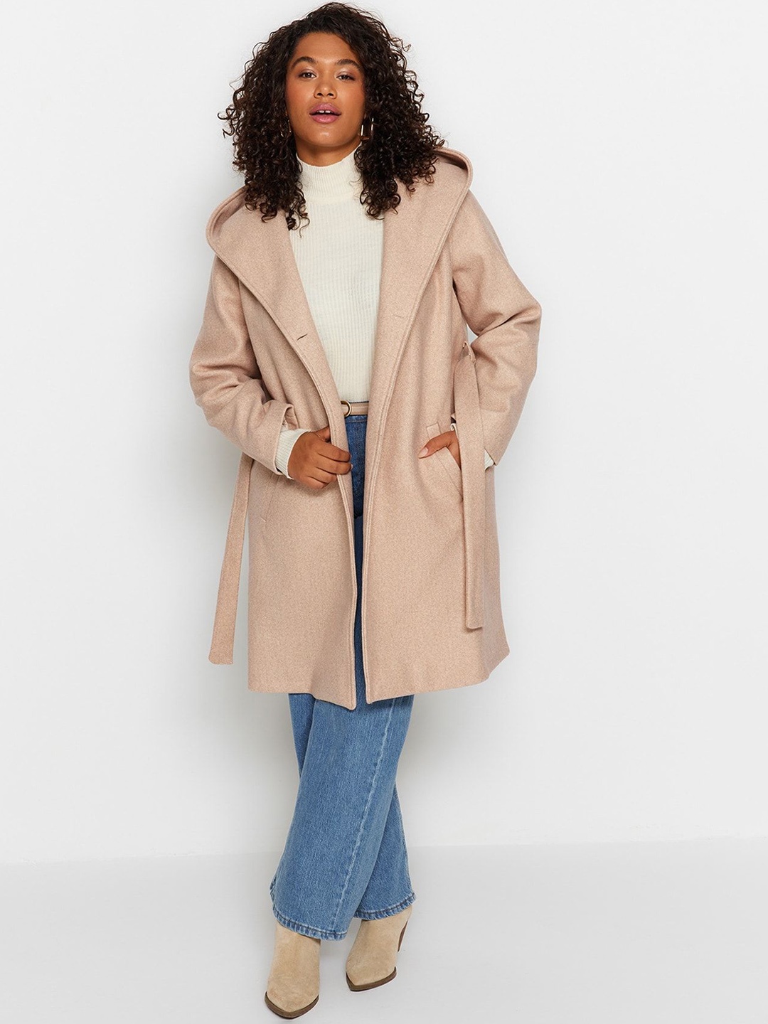 

Trendyol Women Solid Shawl Collar Hooded Overcoat, Beige