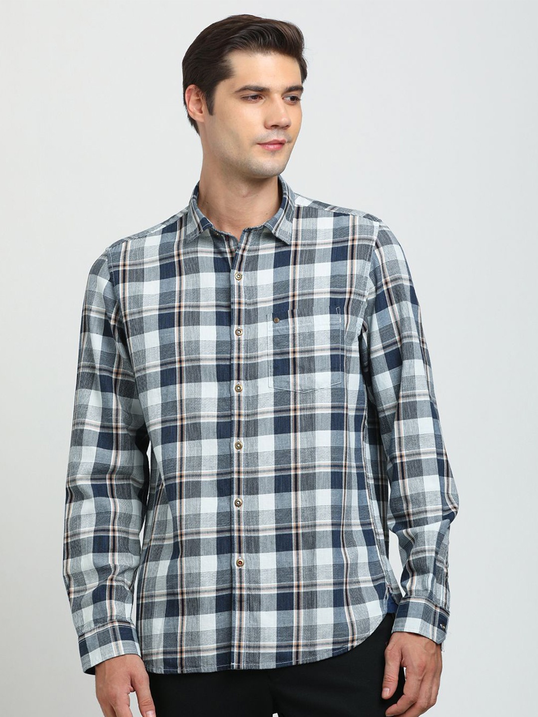 

Turtle Men Relaxed Spread Collar Tartan Checked Cotton Slim Fit Casual Shirt, Blue